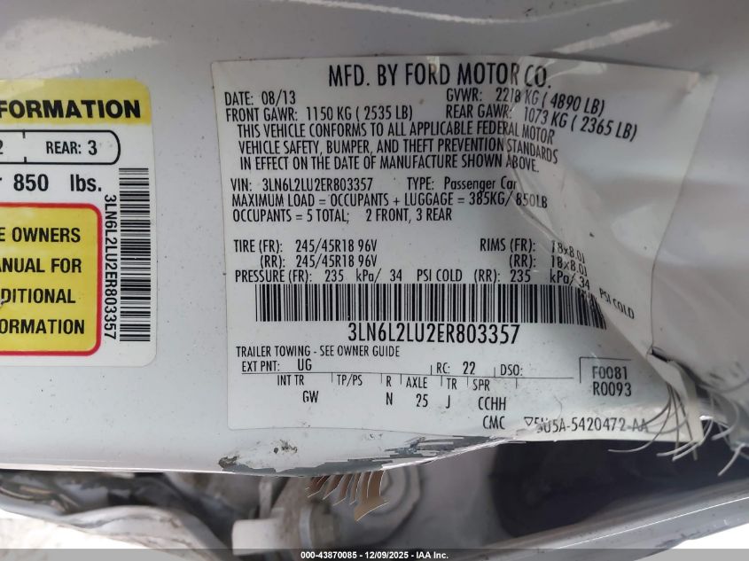 2014 Lincoln Mkz Hybrid VIN: 3LN6L2LU2ER803357 Lot: 43870085