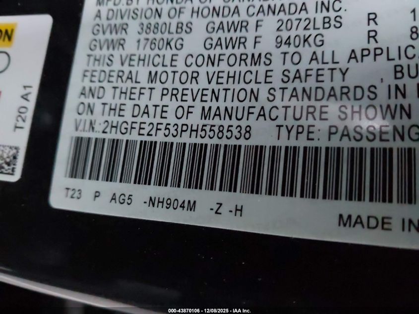 2023 Honda Civic Sport VIN: 2HGFE2F53PH558538 Lot: 43870106