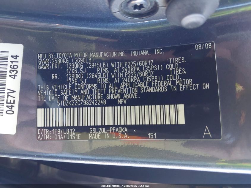 2009 Toyota Sienna Xle VIN: 5TDZK22C79S242248 Lot: 43870108