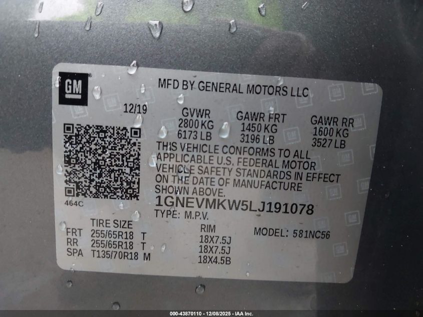 2020 Chevrolet Traverse Awd 2Fl VIN: 1GNEVMKW5LJ191078 Lot: 43870110