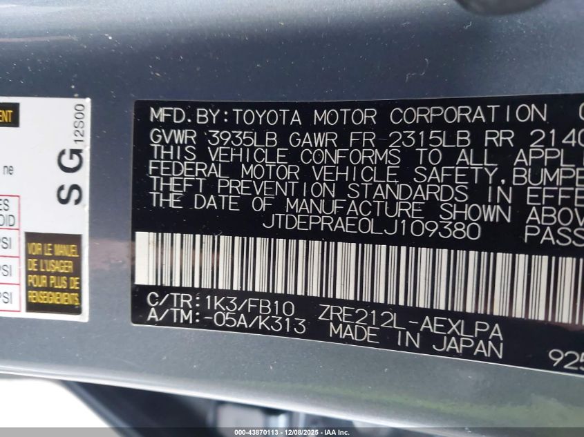 2020 Toyota Corolla Le VIN: JTDEPRAE0LJ109380 Lot: 43870113