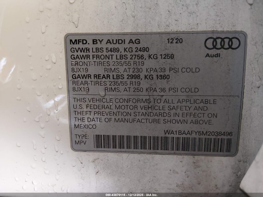 2021 Audi Q5 Premium Plus 45 Tfsi Quattro S Tronic VIN: WA1BAAFY5M2038496 Lot: 43870115