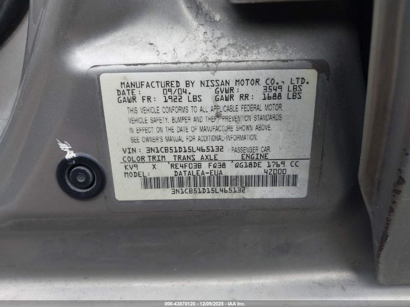 2005 Nissan Sentra 1.8S VIN: 3N1CB51D15L465132 Lot: 43870120