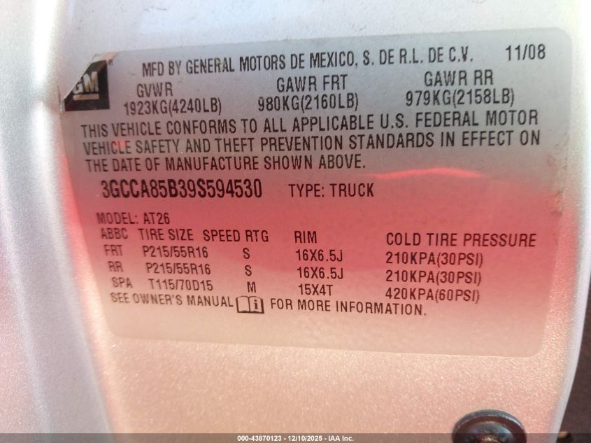 2009 Chevrolet Hhr Panel Ls VIN: 3GCCA85B39S594530 Lot: 43870123