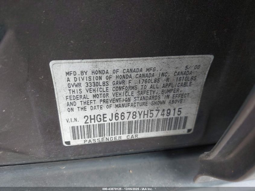 2000 Honda Civic Lx VIN: 2HGEJ6678YH574915 Lot: 43870125
