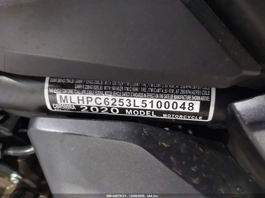 2020 Honda Cbr500 Ra VIN: MLHPC6253L5100048 Lot: 43870131