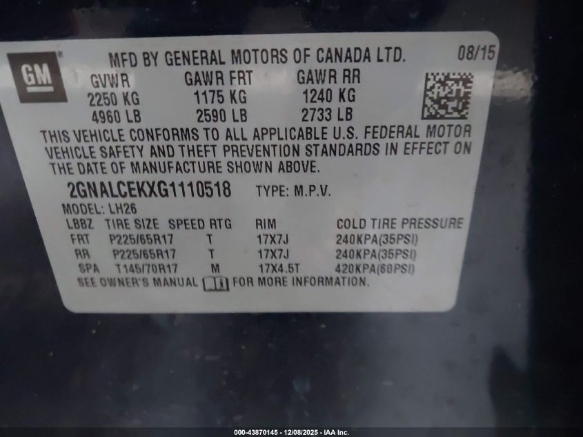 2016 Chevrolet Equinox Lt VIN: 2GNALCEKXG1110518 Lot: 43870145