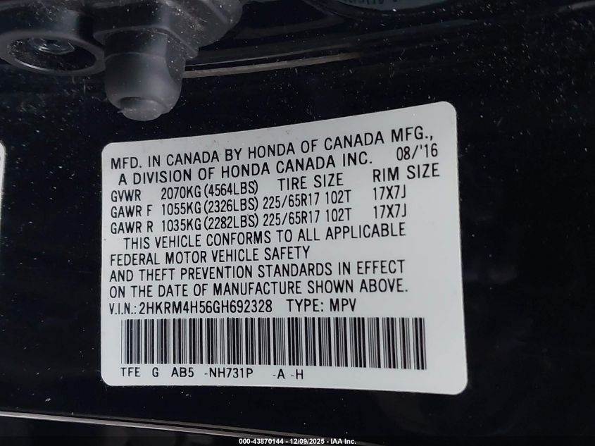 2016 Honda Cr-V Ex VIN: 2HKRM4H56GH692328 Lot: 43870144