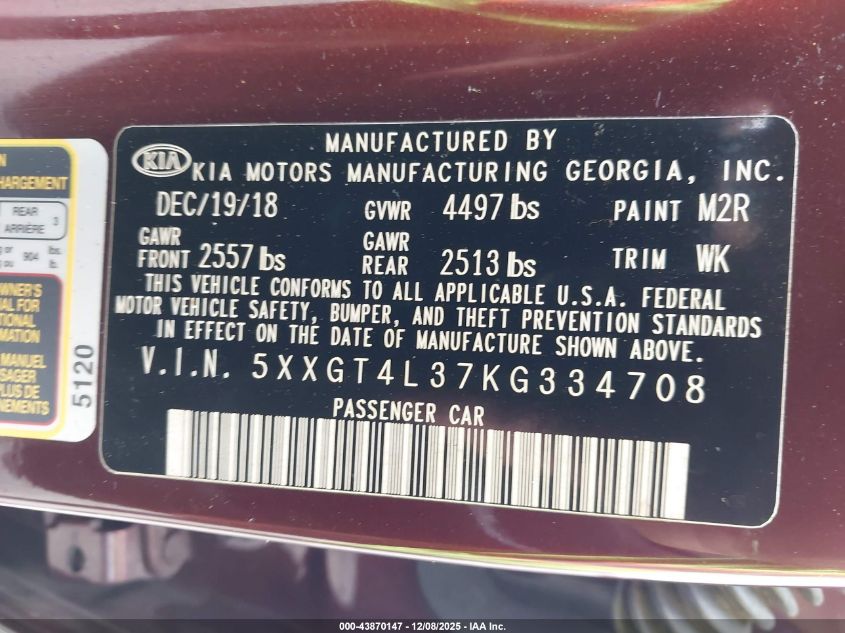 2019 Kia Optima Lx VIN: 5XXGT4L37KG334708 Lot: 43870147