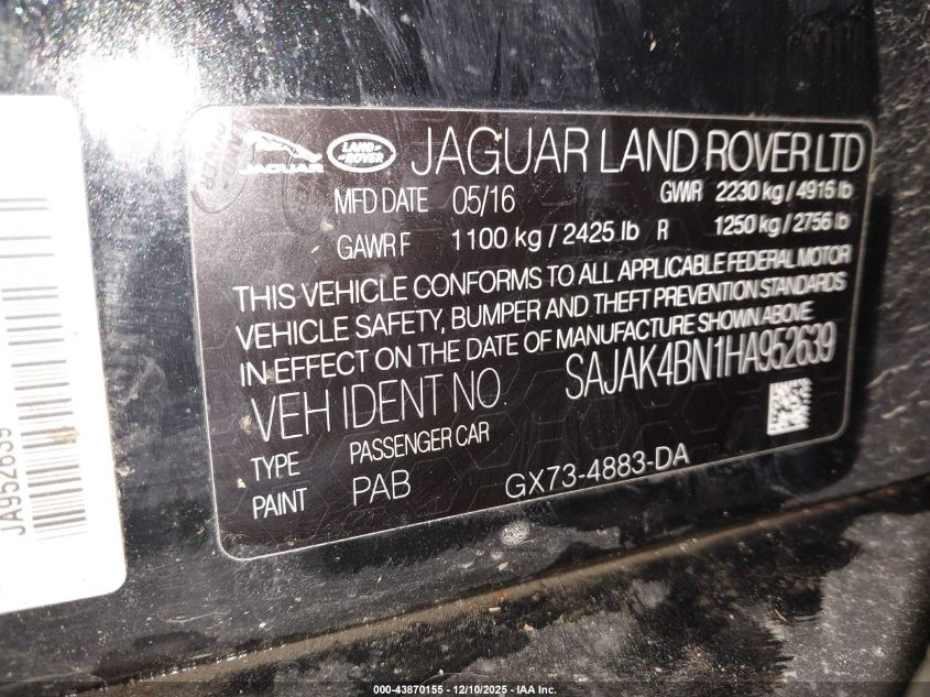 2017 Jaguar Xe 20D Prestige VIN: SAJAK4BN1HA952639 Lot: 43870155