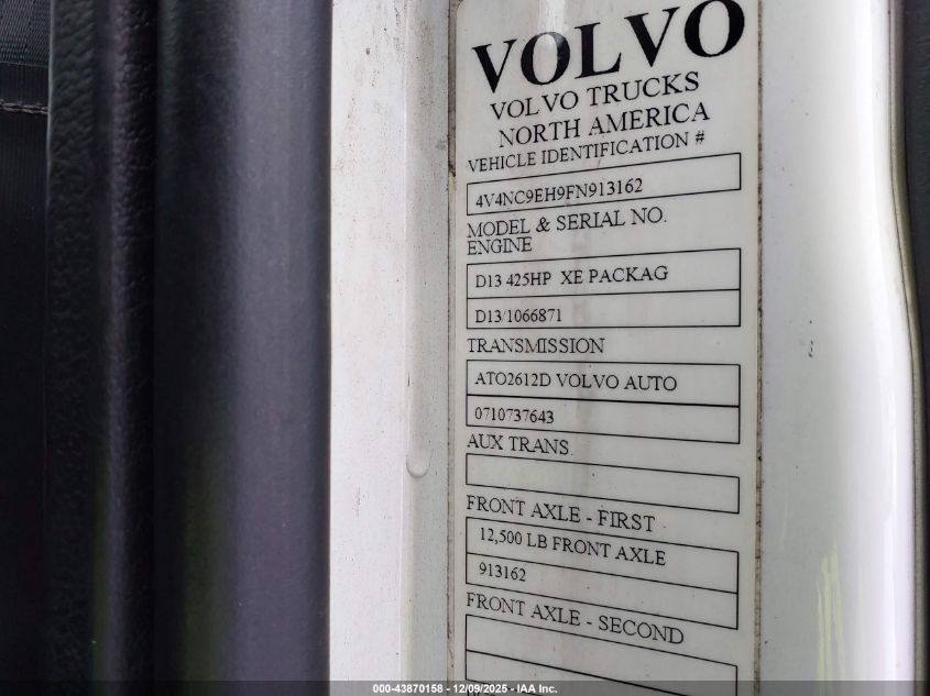 2015 Volvo Vn Vnl VIN: 4V4NC9EH9FN913162 Lot: 43870158