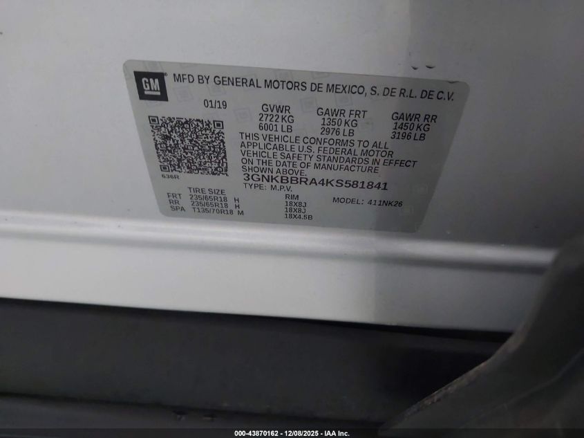 2019 Chevrolet Blazer VIN: 3GNKBBRA4KS581841 Lot: 43870162