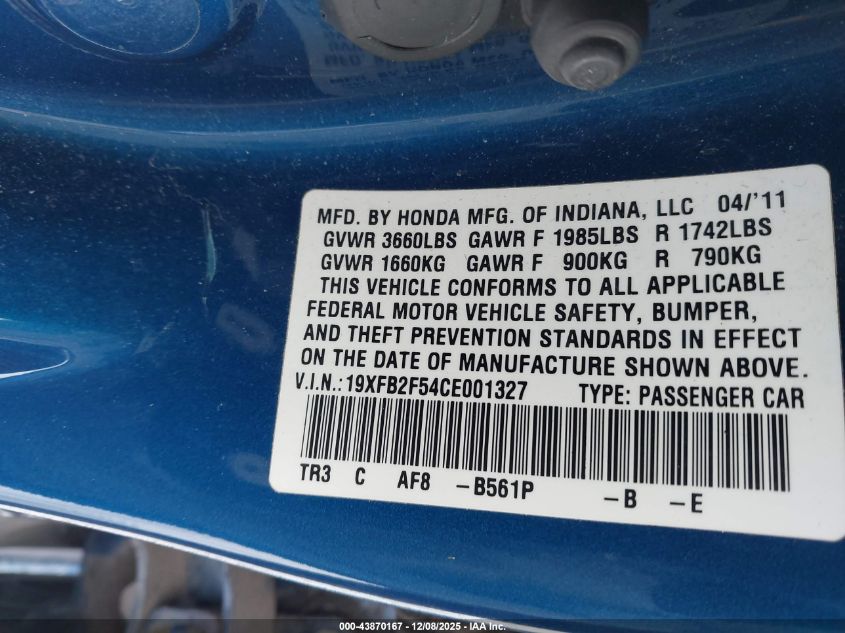 2012 Honda Civic Lx VIN: 19XFB2F54CE001327 Lot: 43870167