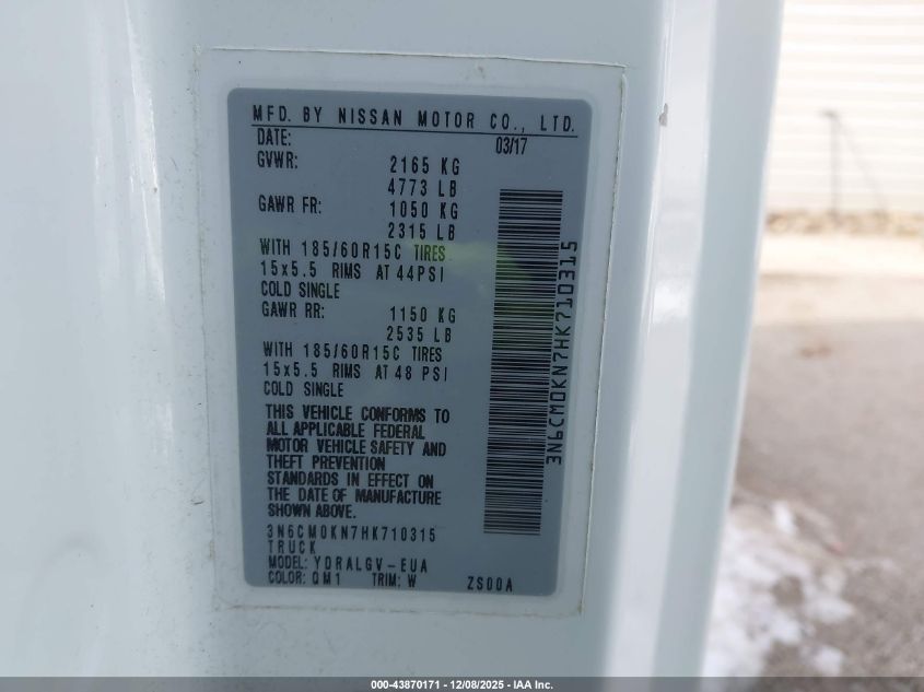 2017 Nissan Nv200 Sv VIN: 3N6CM0KN7HK710315 Lot: 43870171