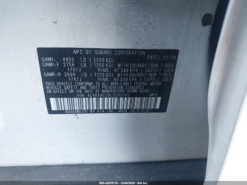 4S4BTACC8L3203745 2020 SUBARU OUTBACK photo no. 9