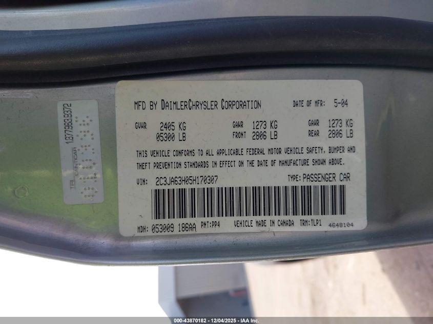 2005 Chrysler 300C VIN: 2C3JA63H05H170307 Lot: 43870182