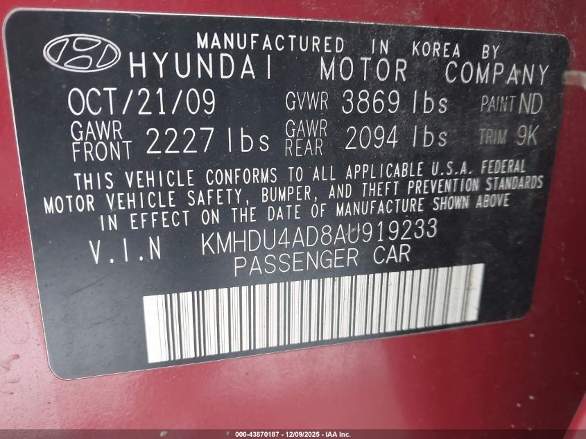 2010 Hyundai Elantra Gls VIN: KMHDU4AD8AU919233 Lot: 43870187