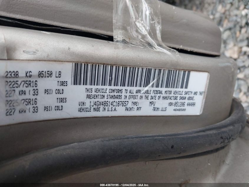 2004 Jeep Grand Cherokee Laredo VIN: 1J4GX48S14C187657 Lot: 43870195