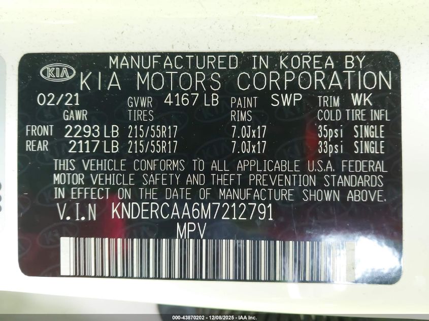 2021 Kia Seltos Ex VIN: KNDERCAA6M7212791 Lot: 43870202