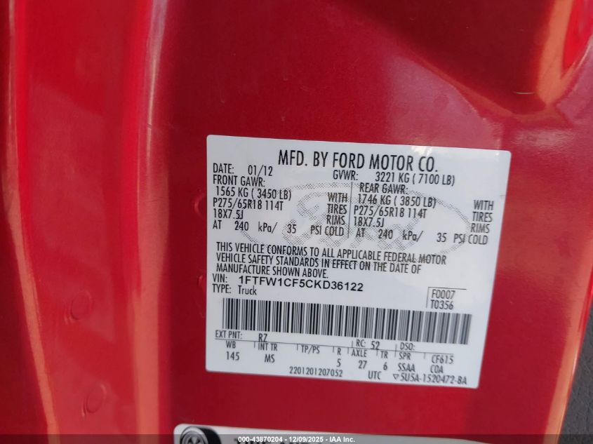 2012 Ford F-150 Xlt VIN: 1FTFW1CF5CKD36122 Lot: 43870204