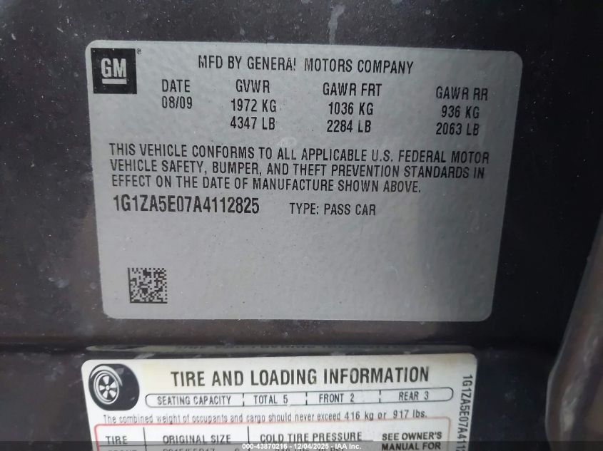 2010 Chevrolet Malibu Ls VIN: 1G1ZA5E07A4112825 Lot: 43870216