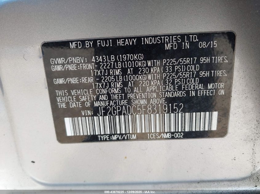 2015 Subaru Xv Crosstrek 2.0I Premium VIN: JF2GPADC5F8319152 Lot: 43870225