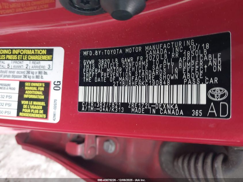 2019 Toyota Corolla Le VIN: 2T1BURHE6KC190848 Lot: 43870226