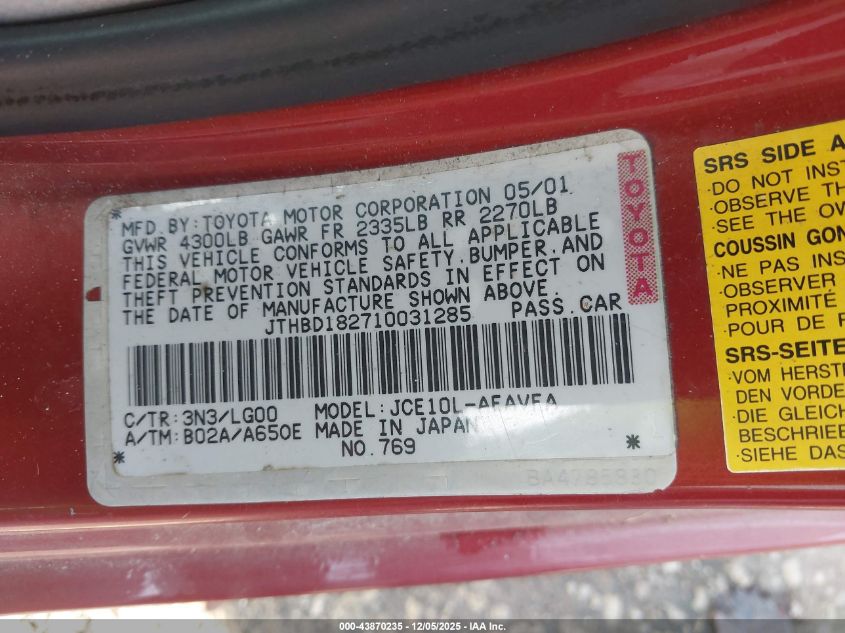 2001 Lexus Is 300 VIN: JTHBD182710031285 Lot: 43870235