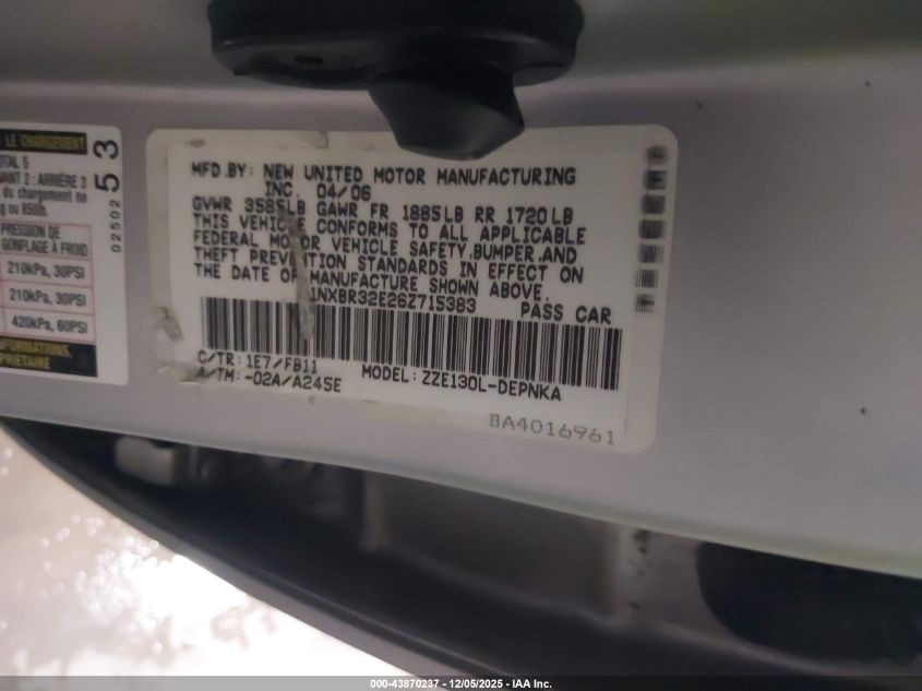 2006 Toyota Corolla Le VIN: 1NXBR32E26Z715383 Lot: 43870237