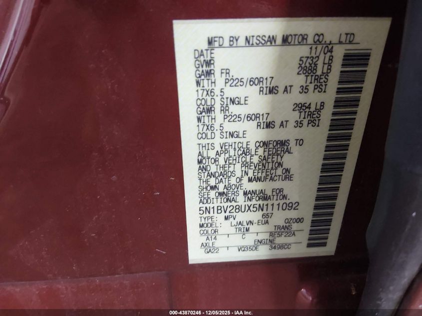 2005 Nissan Quest 3.5 Se VIN: 5N1BV28UX5N111092 Lot: 43870246