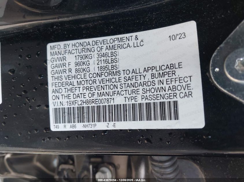 2024 Honda Civic Sport VIN: 19XFL2H86RE007871 Lot: 43870254