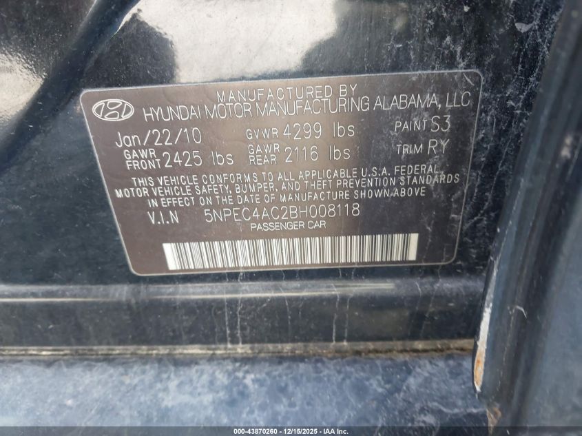 2011 Hyundai Sonata Se VIN: 5NPEC4AC2BH008118 Lot: 43870260