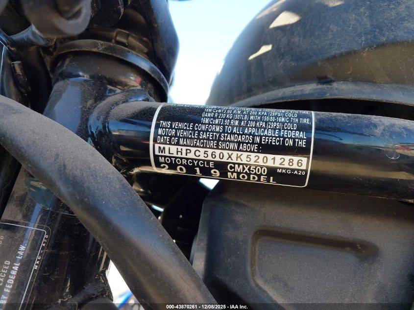 2019 Honda Cmx500 VIN: MLHPC560XK5201286 Lot: 43870261