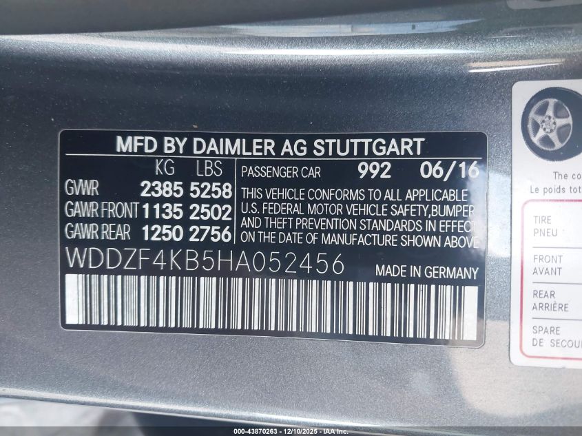 2017 Mercedes-Benz E 300 4Matic VIN: WDDZF4KB5HA052456 Lot: 43870263