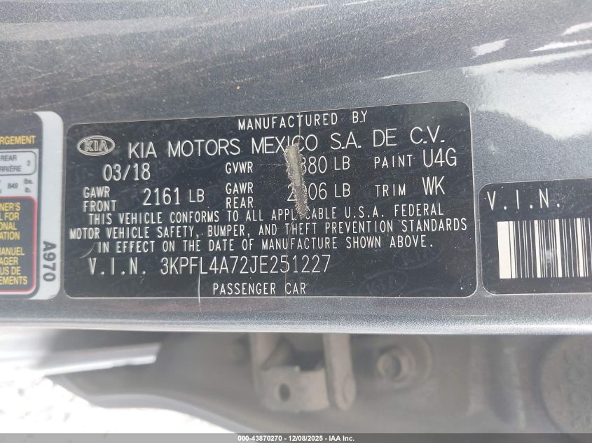 2018 Kia Forte S VIN: 3KPFL4A72JE251227 Lot: 43870270