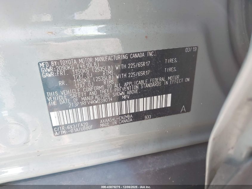 2019 Toyota Rav4 Xle VIN: 2T3P1RFV4KW039014 Lot: 43870275