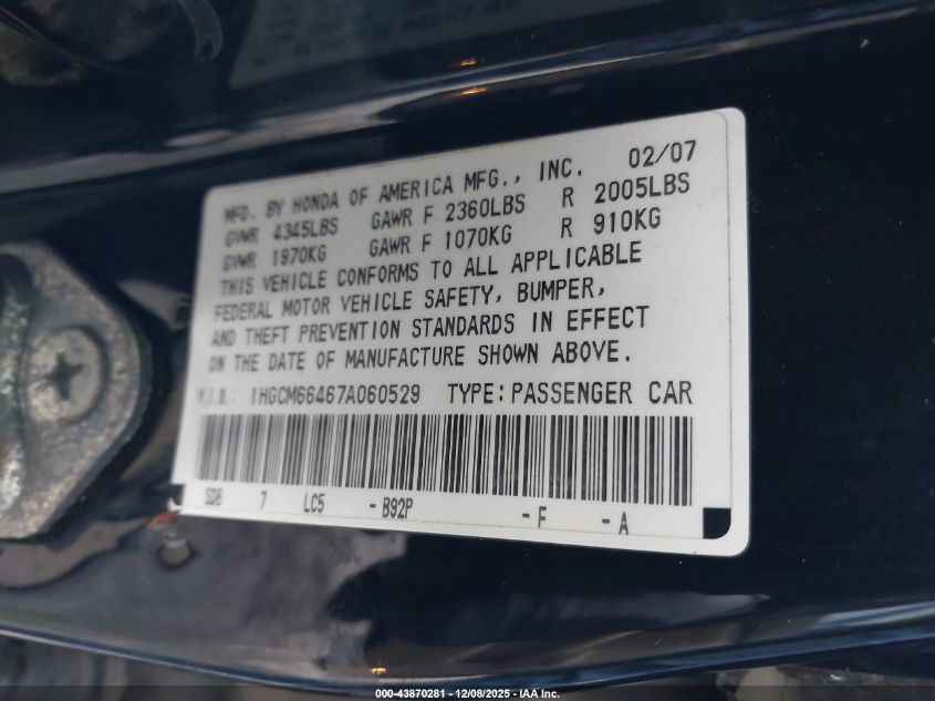 2007 Honda Accord 3.0 Se VIN: 1HGCM66467A060529 Lot: 43870281