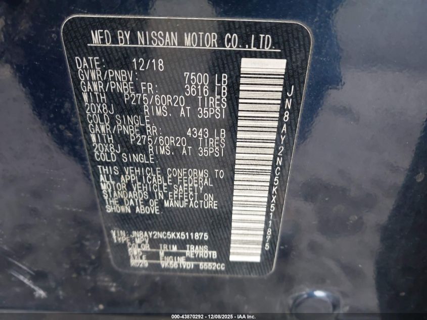 2019 Nissan Armada Sl VIN: JN8AY2NC5KX511875 Lot: 43870292