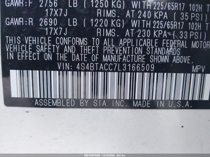 2020 Subaru Outback Premium VIN: 4S4BTACC7L3166509 Lot: 43870300