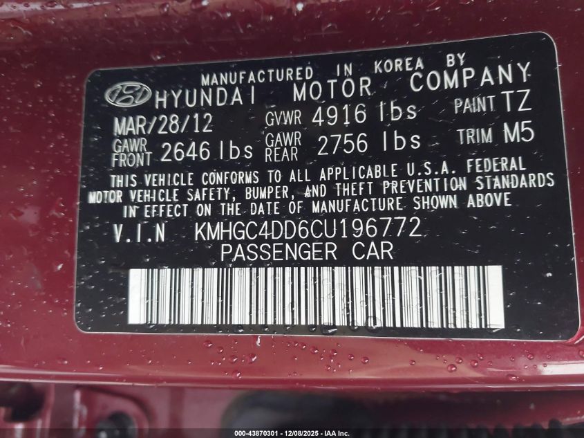 2012 Hyundai Genesis 3.8 VIN: KMHGC4DD6CU196772 Lot: 43870301