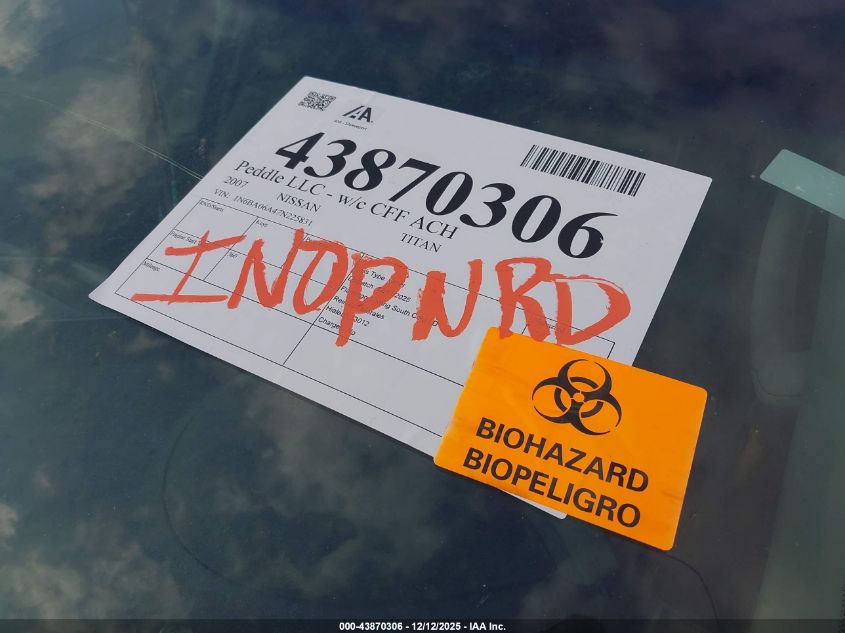 2007 Nissan Titan Se VIN: 1N6BA06A47N225831 Lot: 43870306