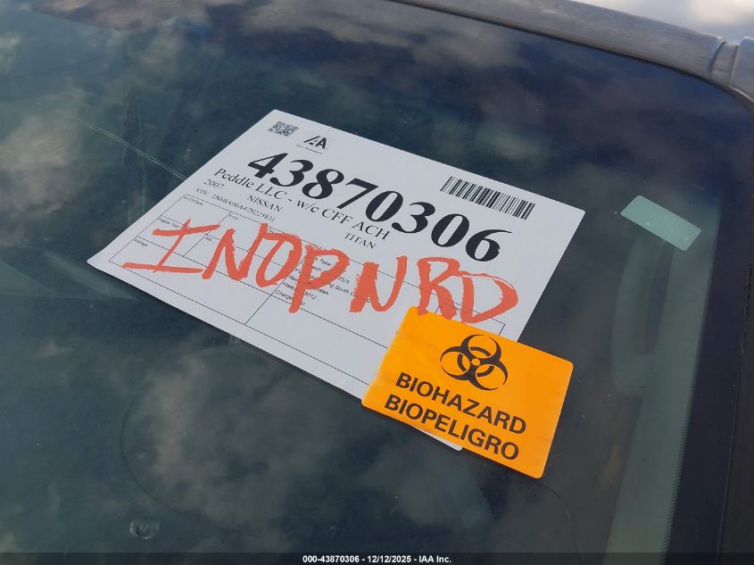 2007 Nissan Titan Se VIN: 1N6BA06A47N225831 Lot: 43870306