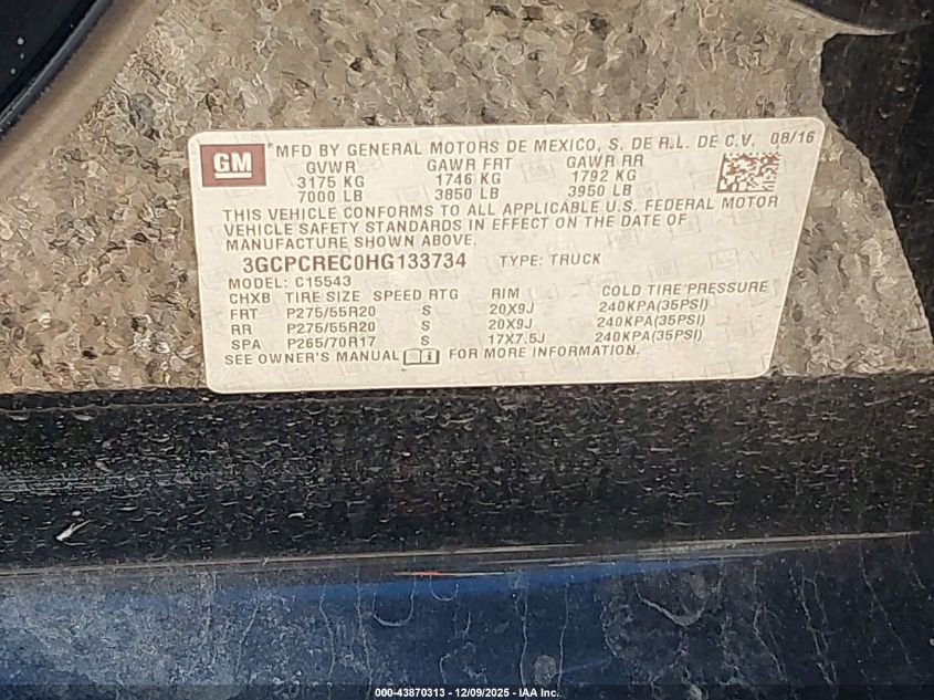 2017 Chevrolet Silverado 1500 1Lt VIN: 3GCPCREC0HG133734 Lot: 43870313