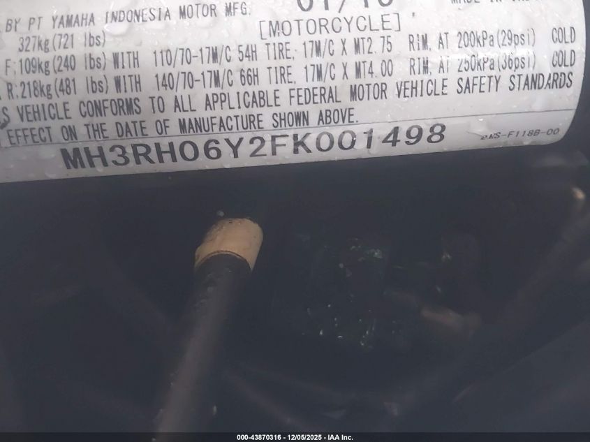 2015 Yamaha Yzfr3 VIN: MH3RH06Y2FK001498 Lot: 43870316