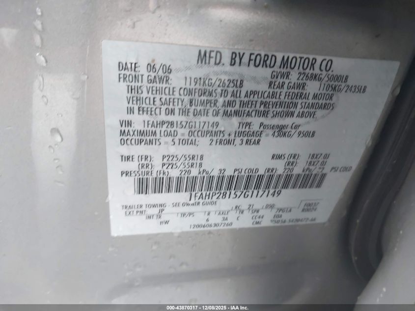 2007 Ford Five Hundred Limited VIN: 1FAHP28157G117149 Lot: 43870317