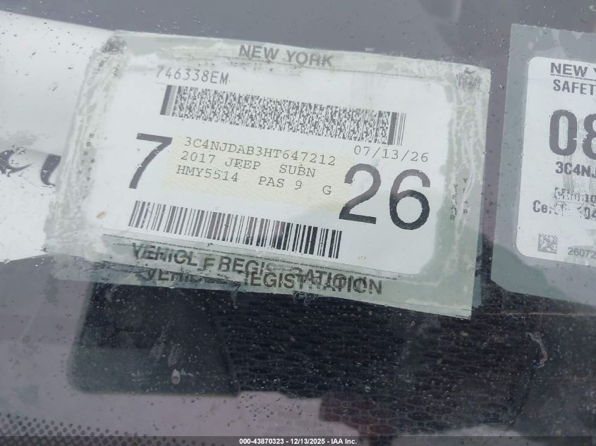 2017 Jeep New Compass Sport 4X4 VIN: 3C4NJDAB3HT647212 Lot: 43870323