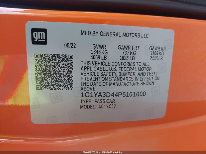 2023 Chevrolet Corvette Stingray Rwd 1Lt VIN: 1G1YA3D44P5101000 Lot: 43870324