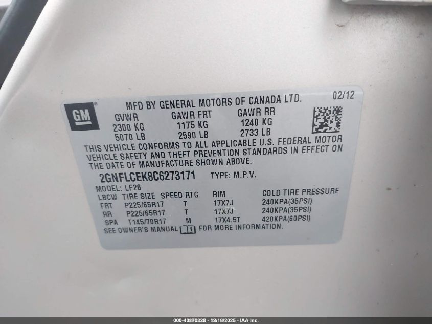 2012 Chevrolet Equinox Ls VIN: 2GNFLCEK8C6273171 Lot: 43870328