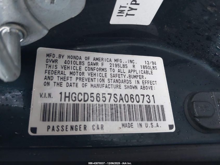 1995 Honda Accord Ex VIN: 1HGCD5657SA060731 Lot: 43870337