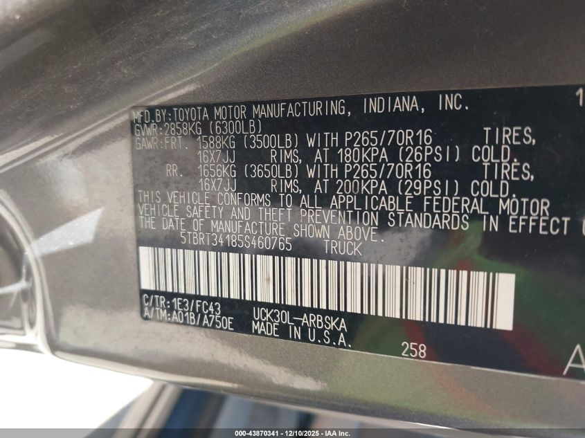 2005 Toyota Tundra Sr5 V8 VIN: 5TBRT34185S460765 Lot: 43870341